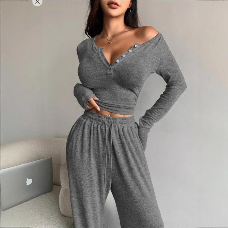 Women's V-Neck Button Top and Wide-Leg Pants Set