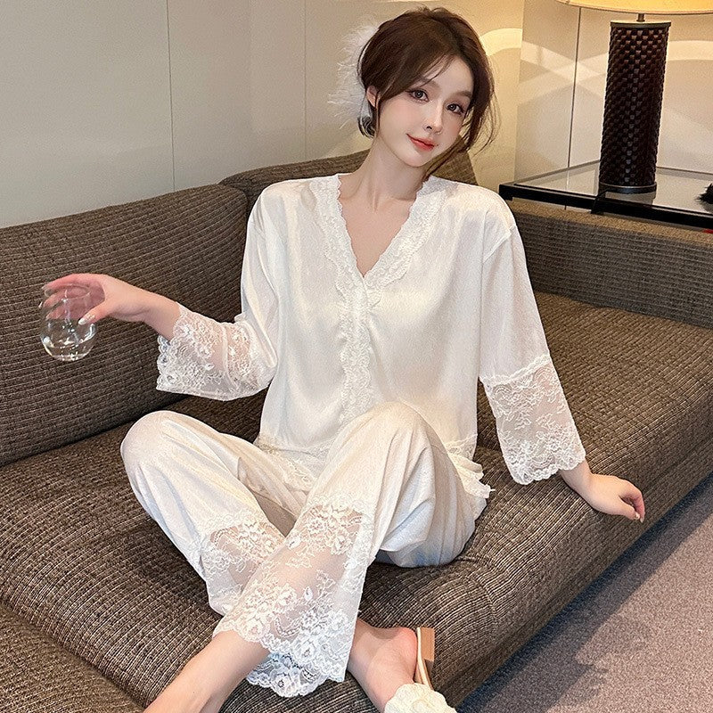 Women's V-Neck Ice Silk Lace Trim Pajama Set