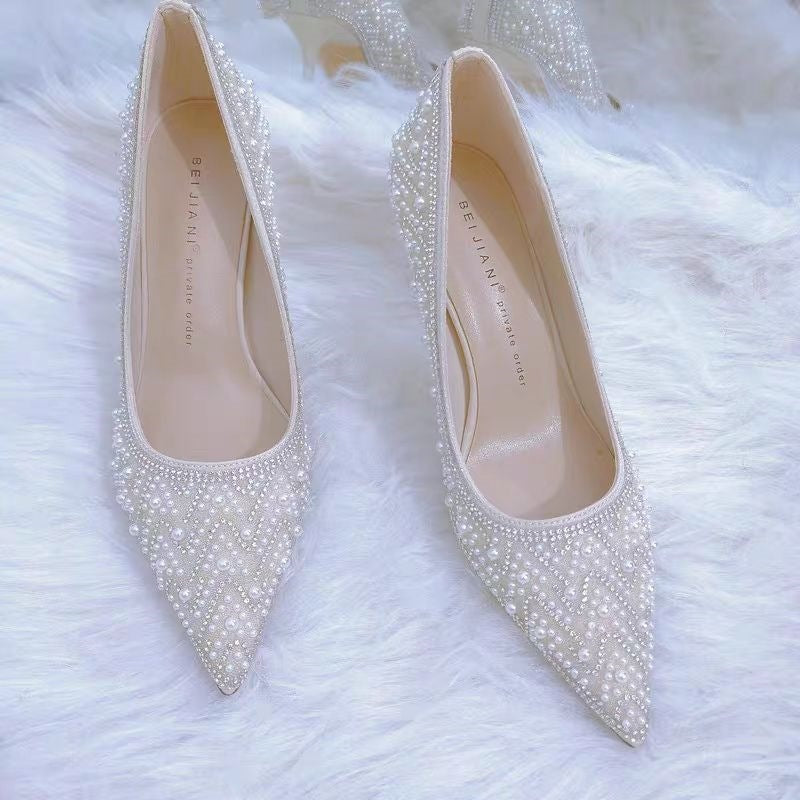 : Apricot Crystal Pearl Wedding Heels with Elegant Bridal Style