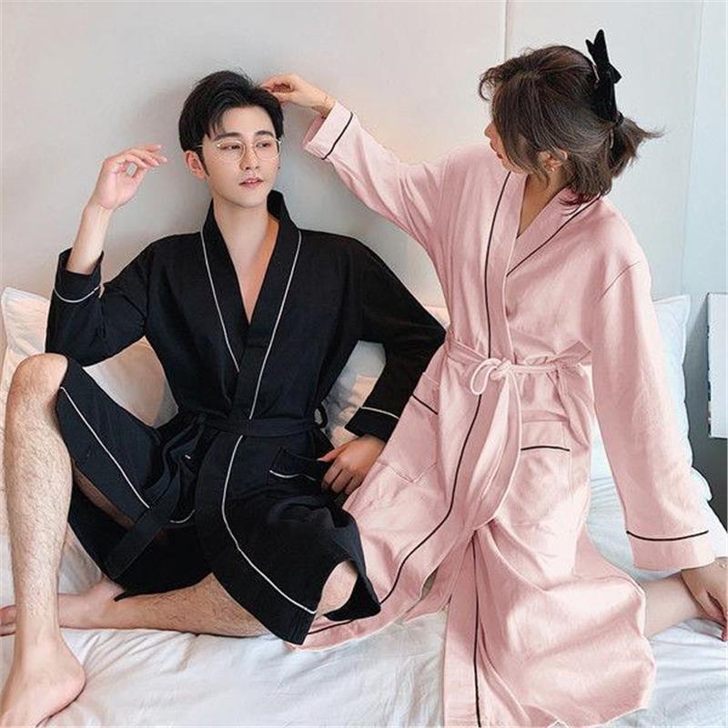 Couples Cotton Long Sleeve Nightgown with V-Neck Design
