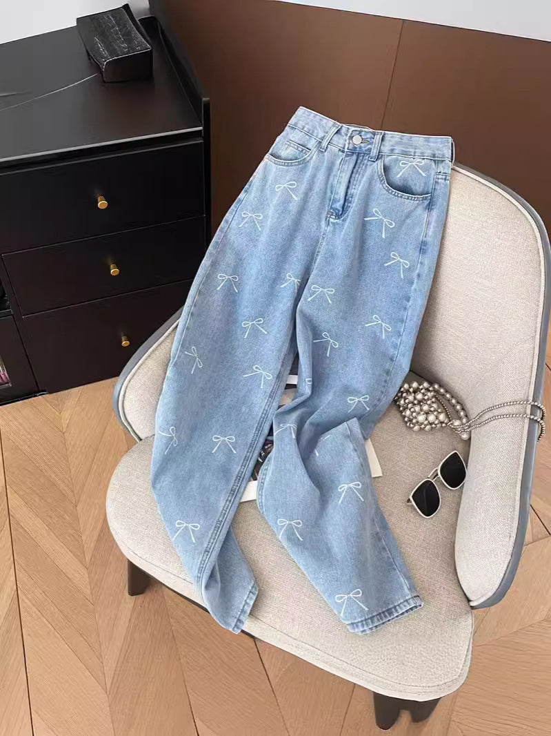 Women’s High-Waisted Bow Print Washed Denim Jeans