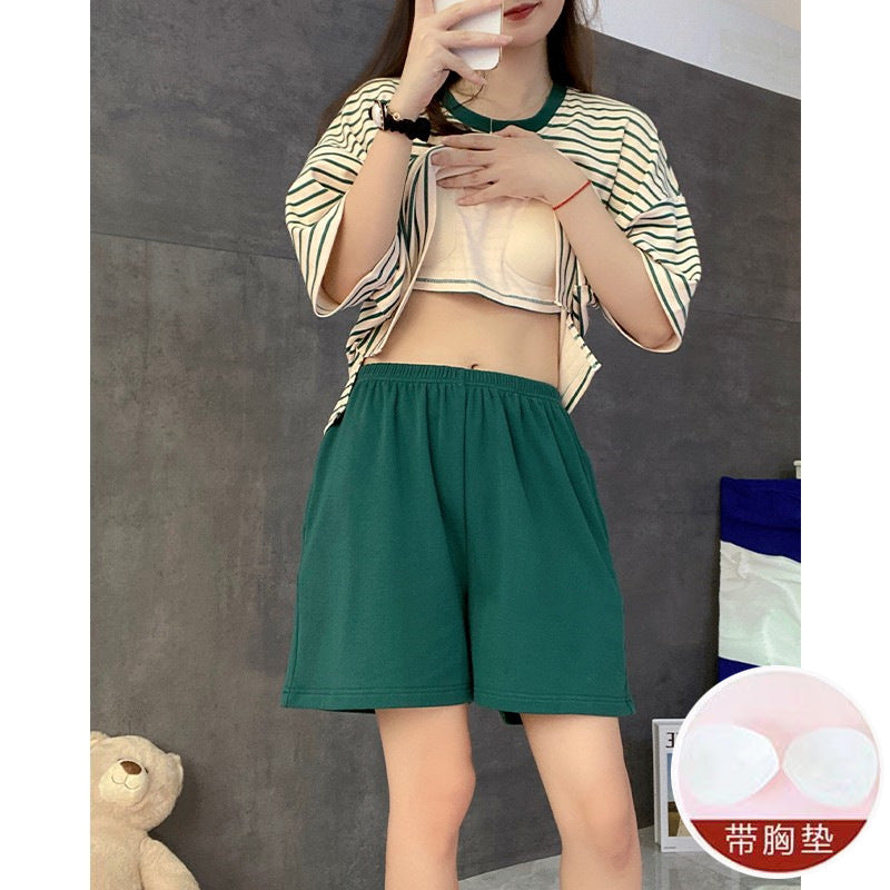 Women’s Striped Short-Sleeve Pajama Set with Chest Padding