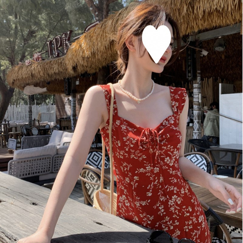 Women’s Red Floral Spaghetti Strap Maxi Dress, Summer Style