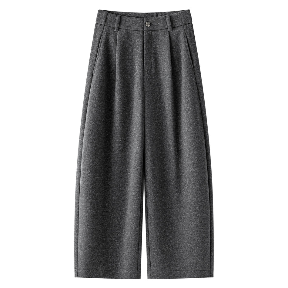 Women’s Gray Wool-Blend Wide-Leg Harem Pants, High-Waist