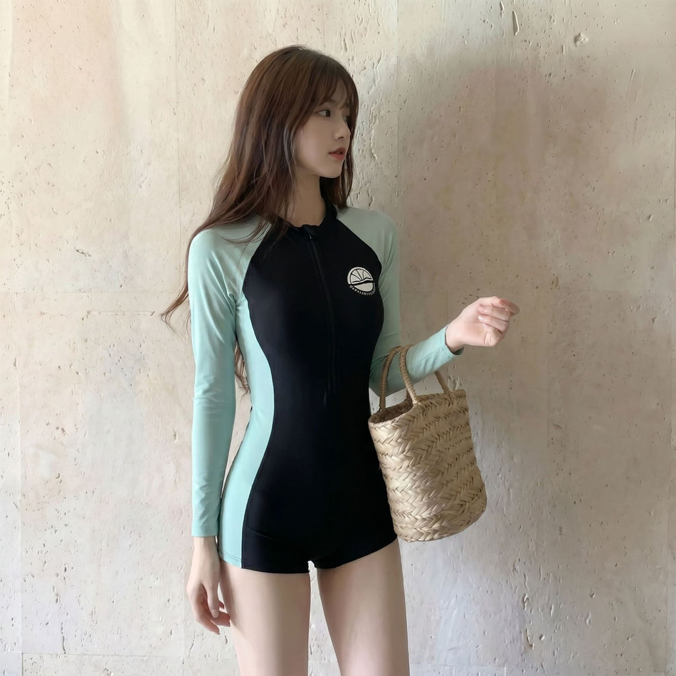 : Women’s Contrast Long-Sleeve One-Piece Swimsuit, High-Elastic Fit