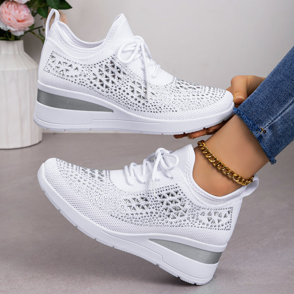 Women’s Rhinestone Lace-Up Platform Sneakers, Comfortable Daily Shoes