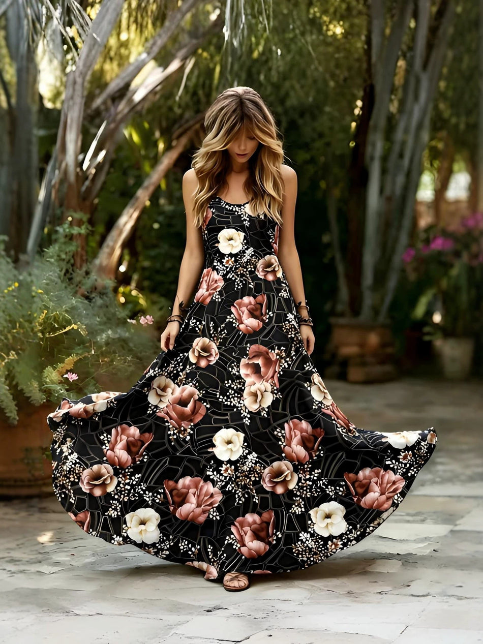 Floral Print Sleeveless A-Line Maxi Dress with Round Neck