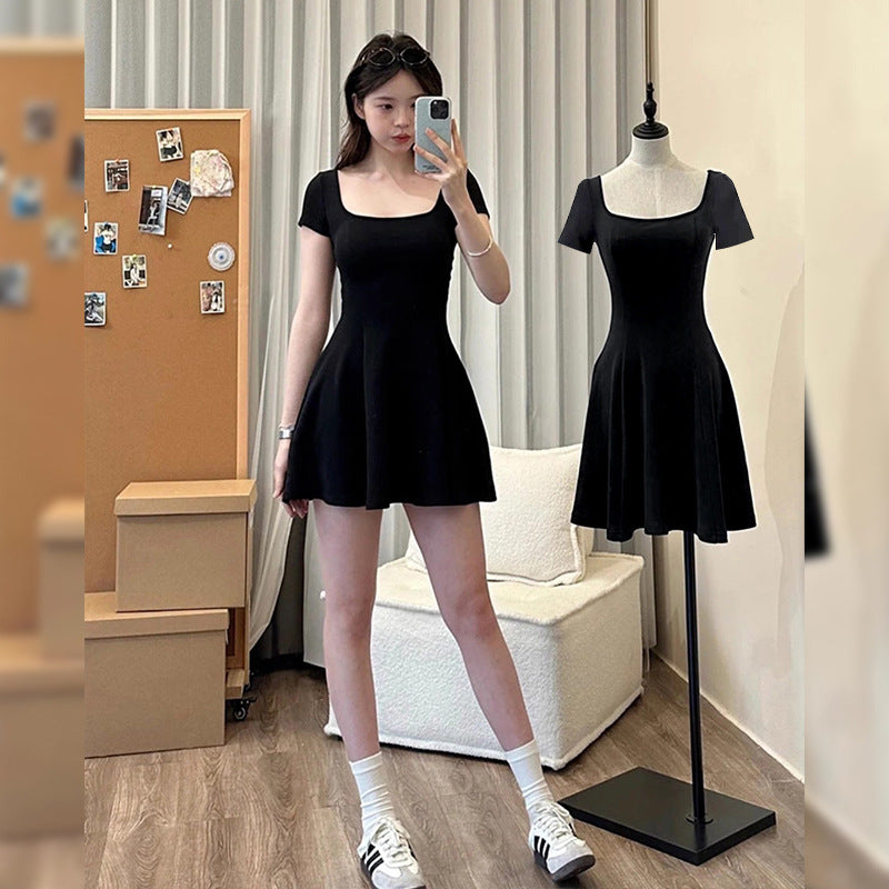 Black Square Neck A-Line Mini Dress with Defined Waist