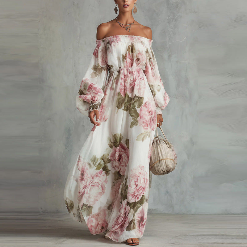 Floral One-Shoulder Maxi Dress with Lantern Sleeves