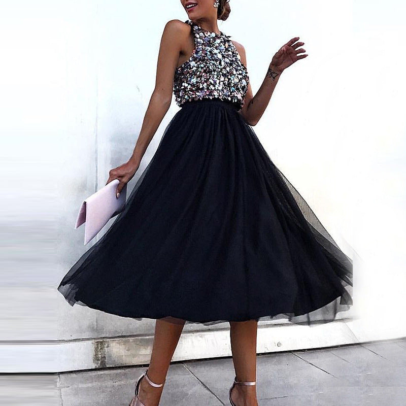 Black Sequin Halter Dress with Elegant Princess Silhouette