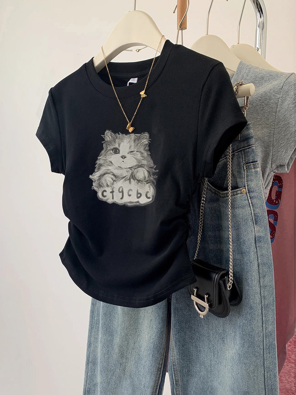 Slim-Fit Cotton Graphic Crop T-Shirt with Crew Neck