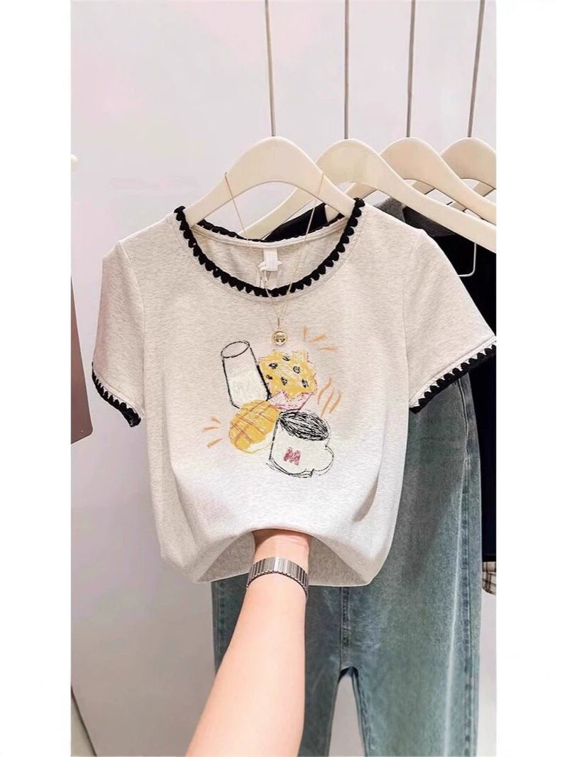Lace Spliced Graphic T-Shirt with Relaxed Short Sleeves