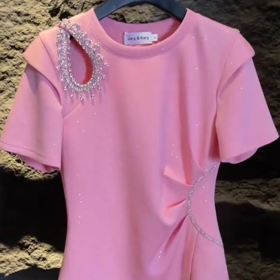 Plus Size Asymmetrical Cut-Out Cotton T-Shirt with Crystal Detail