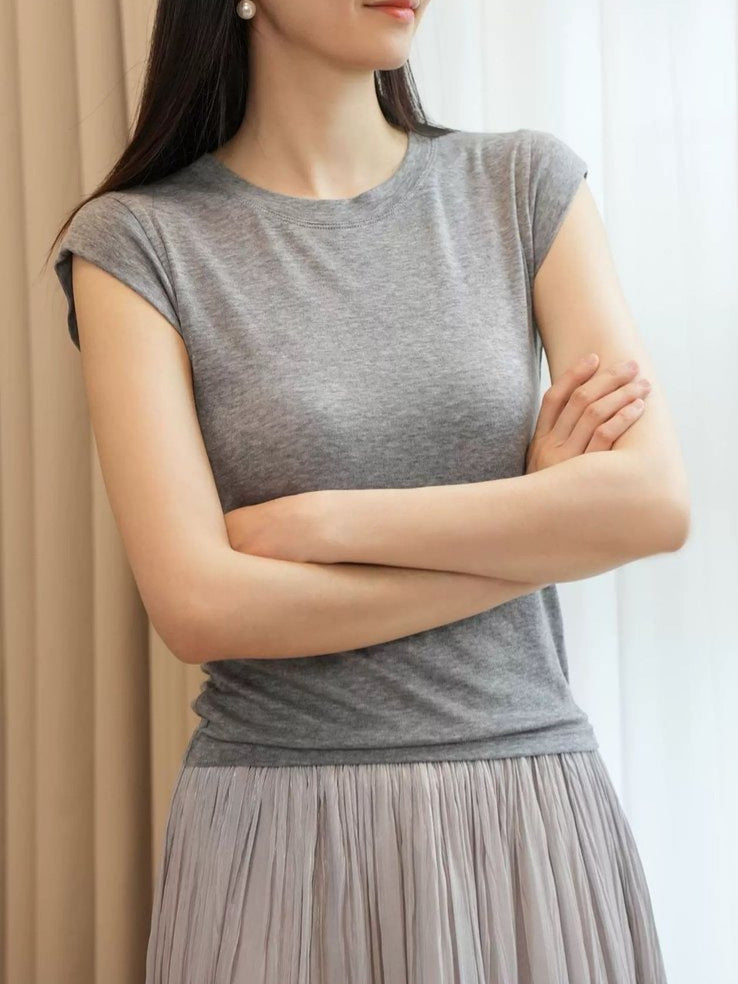 Tencel Lyocell Flutter Sleeve Round Neck Summer Top
