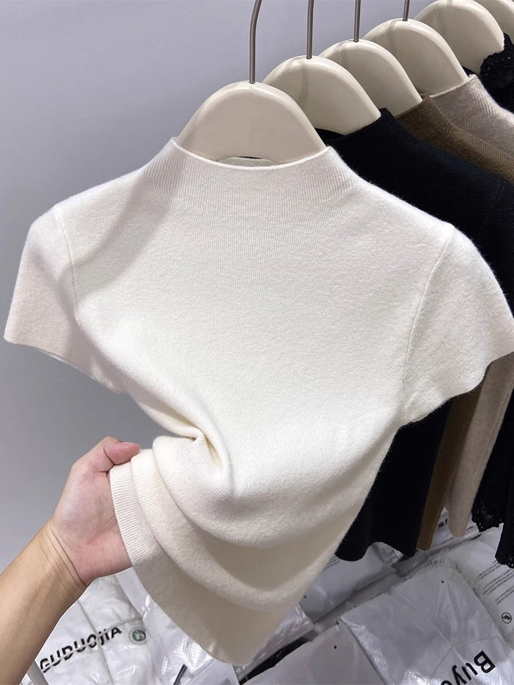 Soft Knit Mock Neck Short Sleeve Slim-Fit Top