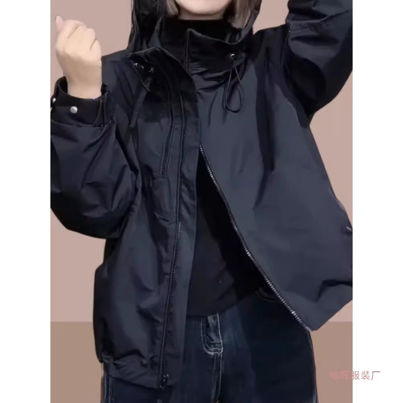 Women's Hooded Loose Fit Abstract Print Casual Windbreaker Jacket