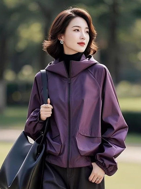 Women's Quilted Hooded Loose Fit Short Windbreaker Jacket