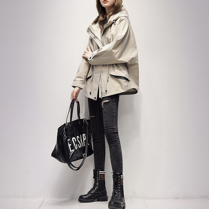 Women's Hooded Loose Fit Mid Length Windbreaker Coat