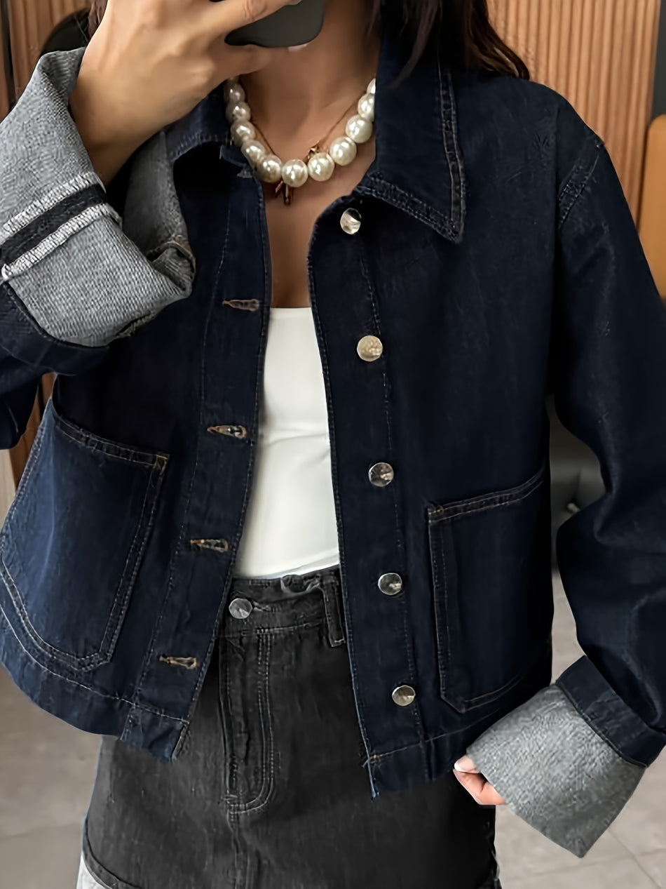 Women's Rolled Edge Denim Jacket with Square Collar