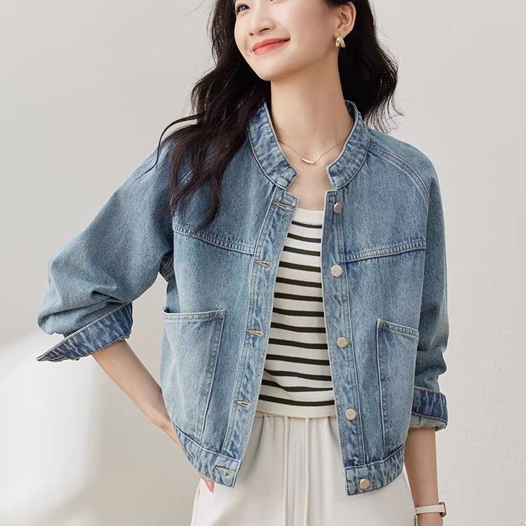 Women's Vintage Washed Denim Jacket with Stand Collar