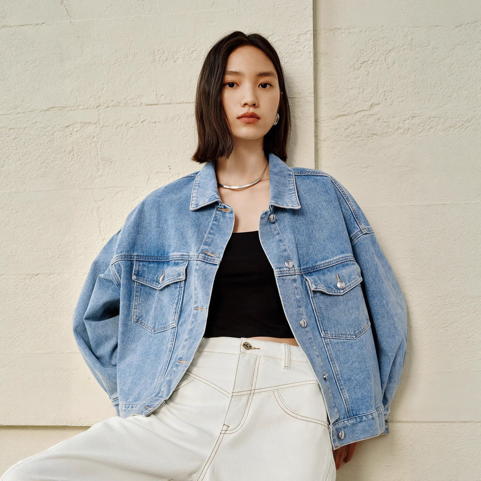 Women's Loose Fit Denim Jacket with Raglan Sleeves