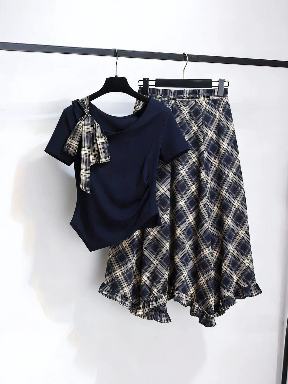 Women's Plus Size Off-Shoulder Bow Top and Plaid Skirt Set
