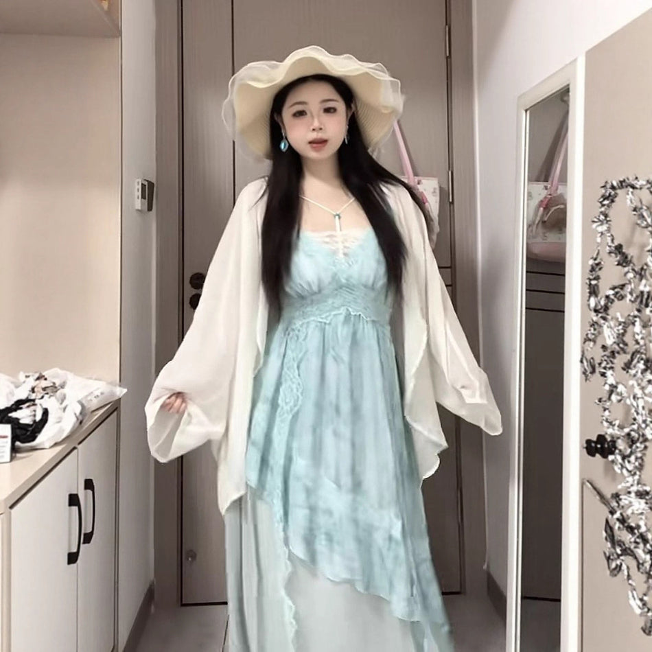 Women's Plus Size Lace Trim Maxi Dress and Cardigan Set
