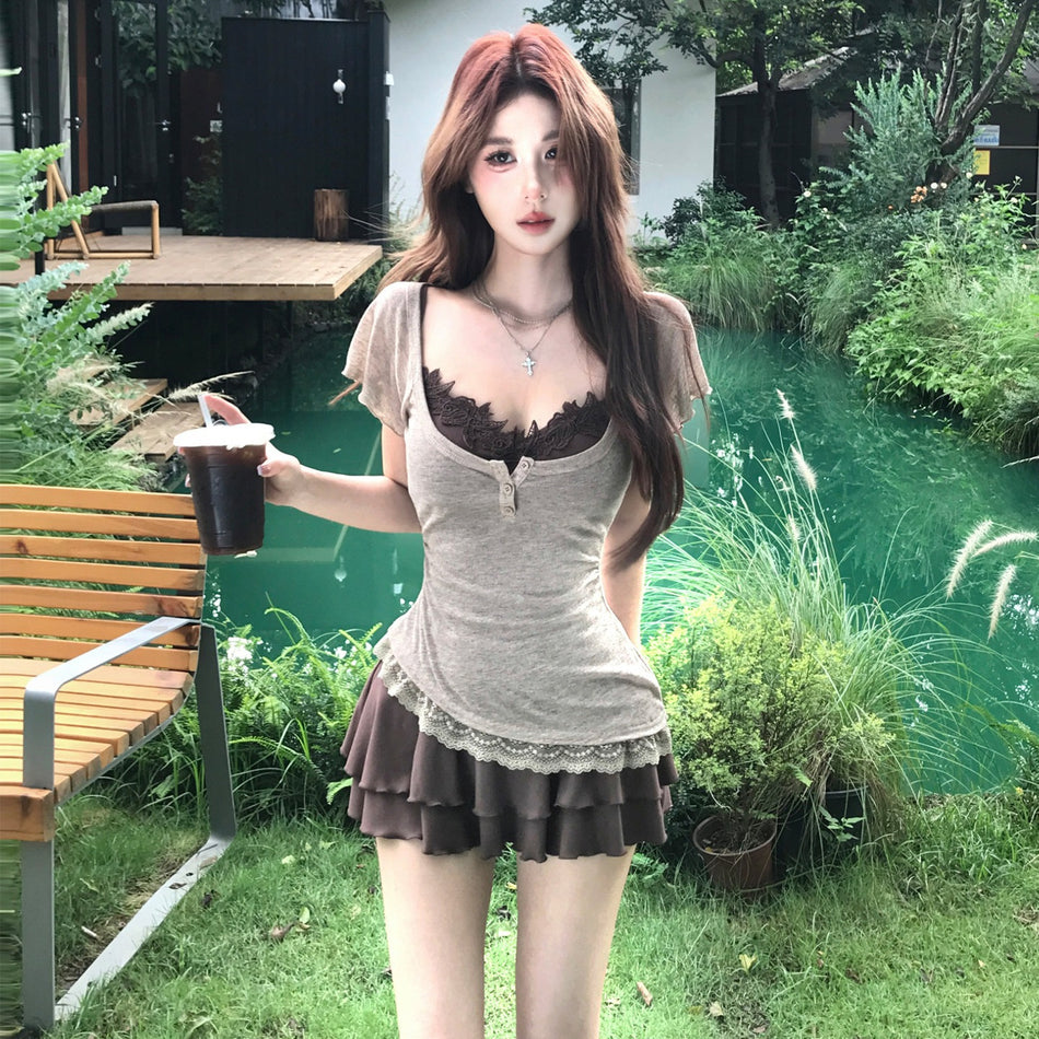 Women's Lace Trim Strap Dress and Blouse Two-Piece Set