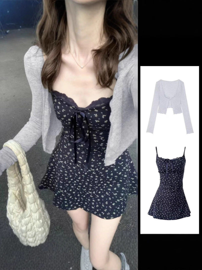 Women's Floral Sling Dress and Lace Cardigan Set