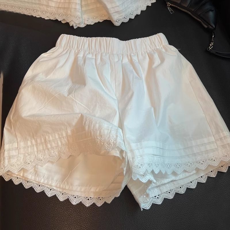 Women's High-Waist Lace Trim Wide-Leg Casual Shorts