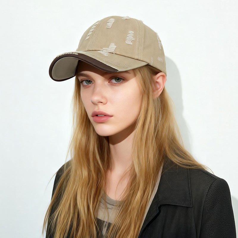Unisex Cotton Color Block Ripped Embroidered Baseball Cap