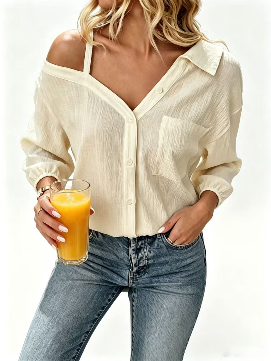 Women's Open Shoulder Textured Single-Breasted Casual Shirt