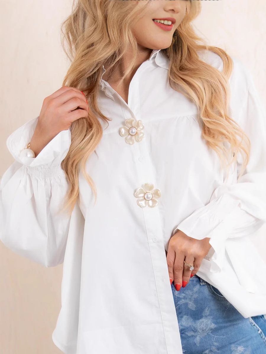 Women's Solid Color Long Sleeve Shirt with Metal Flower Buttons