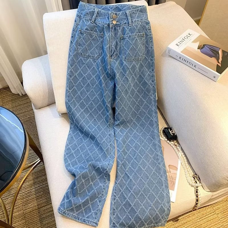 Women's Plus Size High Waist Plaid Straight Leg Casual Jeans