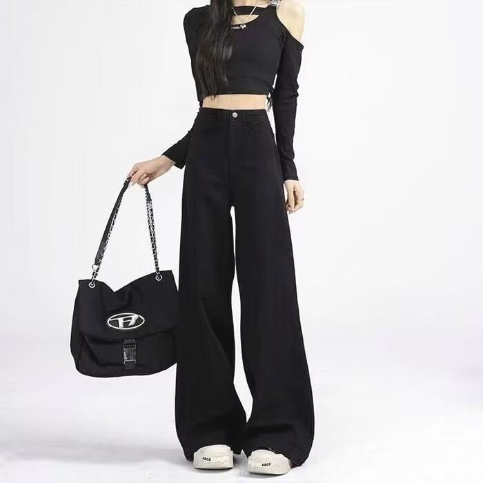 Women's Black Elastic High Waist Wide Leg Jeans