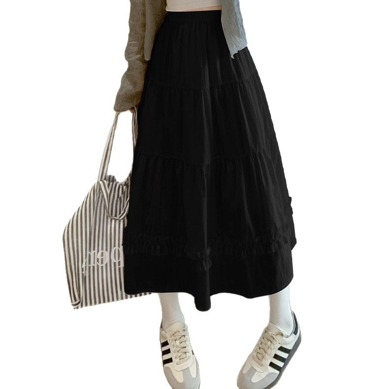 High-Waisted Tiered Lace Trim Midi Skirt for Women