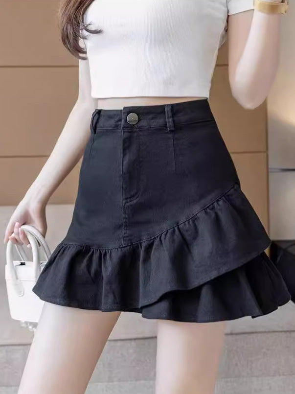 High-Waist Denim Ruffle A-Line Skirt