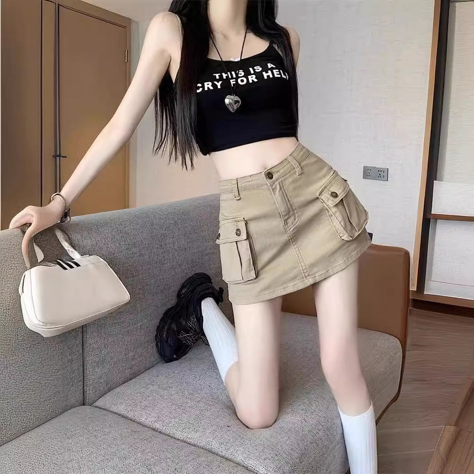 Khaki High-Waist A-Line Mini Skirt