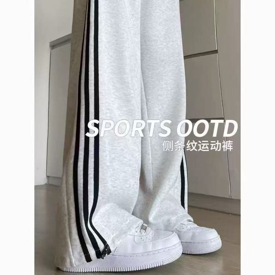 Three Stripe Sweatpants – Wide Leg Cotton Casual Trousers