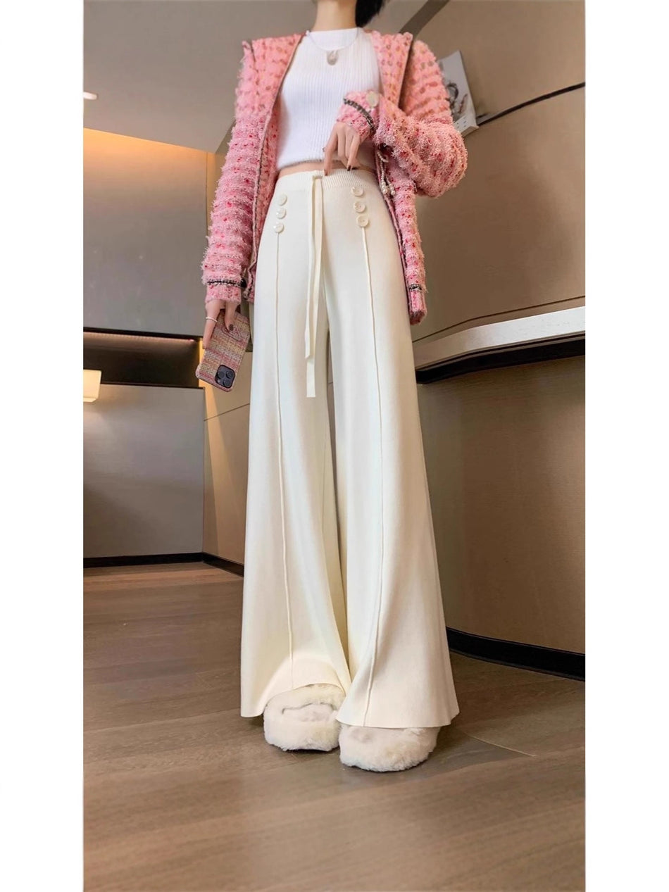 Women's High Waist Wide-Leg Knit Pants – Draped Casual Trousers