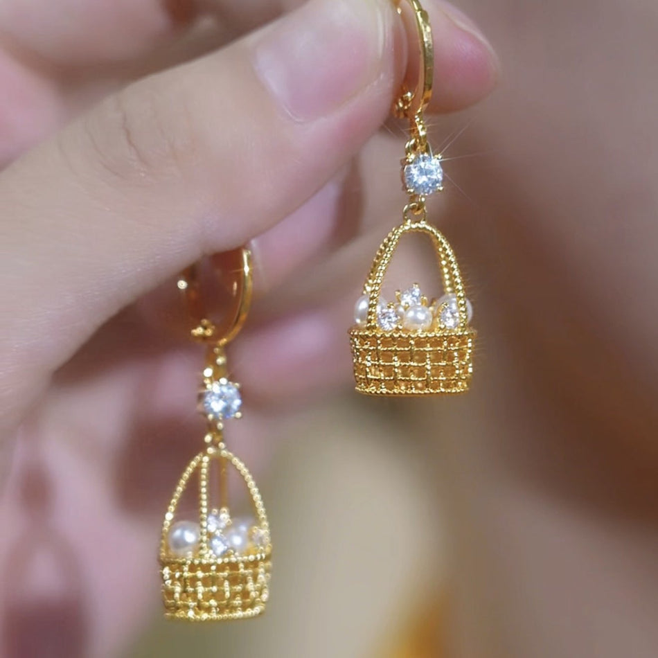 Golden Pearl Zircon Flower Basket Earrings
