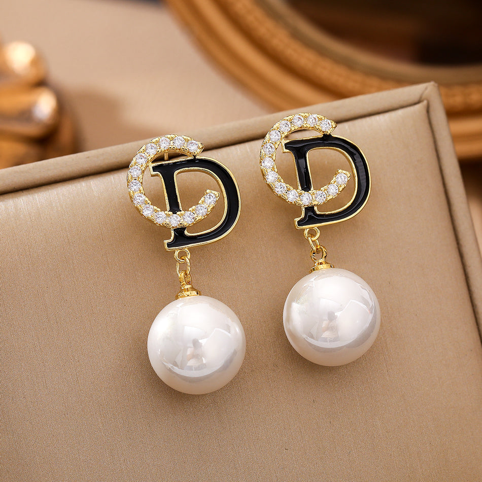 S925 Style CD Letter Zircon Pearl Earrings for Women