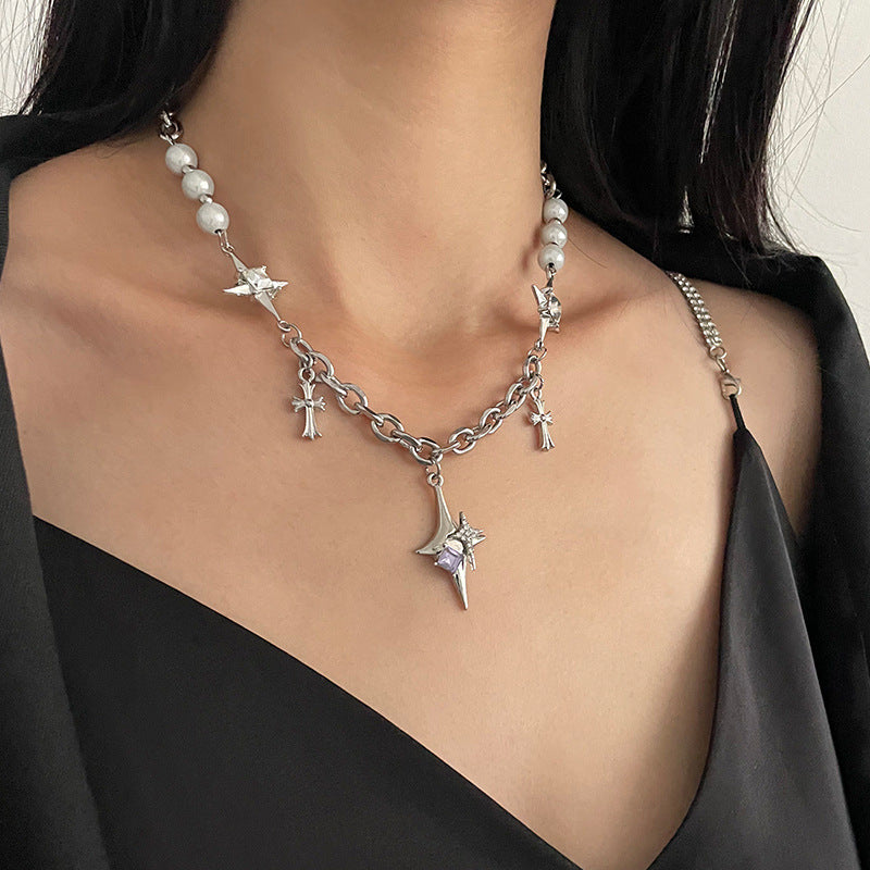Purple Star Cross Pendant Titanium Steel Necklace for Women