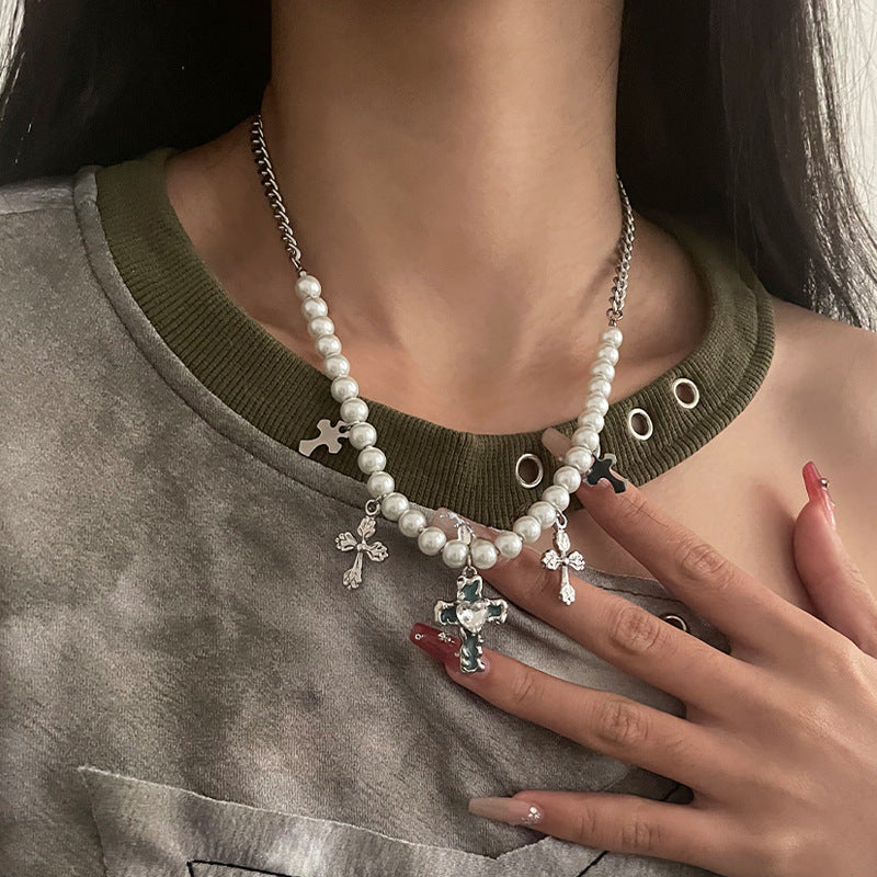 Blue Cross Pearl Titanium Steel Necklace with Heart Detail