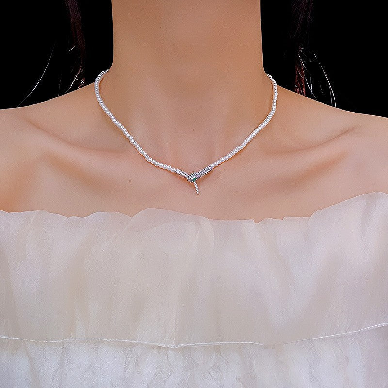 Pearl Snake Pendant Necklace with Clavicle Chain for Women