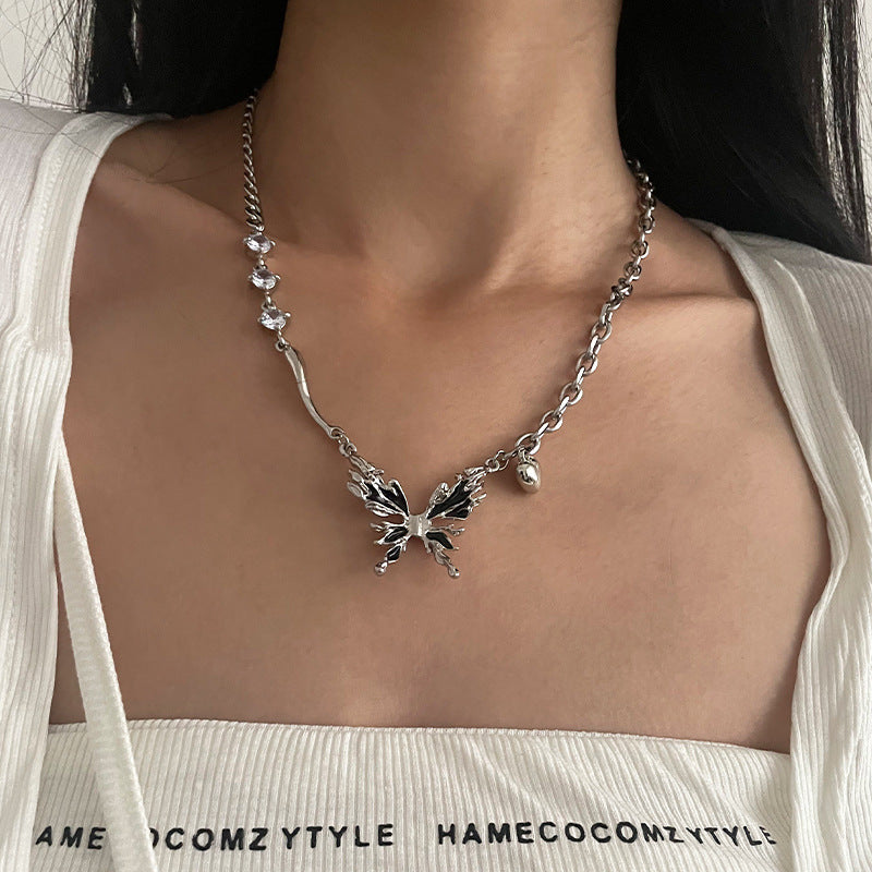 Black Butterfly Heart Pendant Titanium Steel Necklace