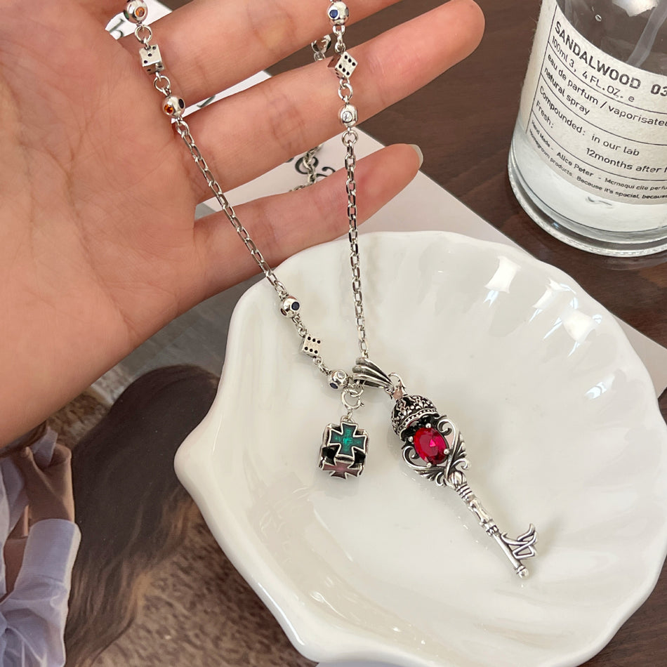 Retro Crown Pendant Necklace with Layered Chain for Women
