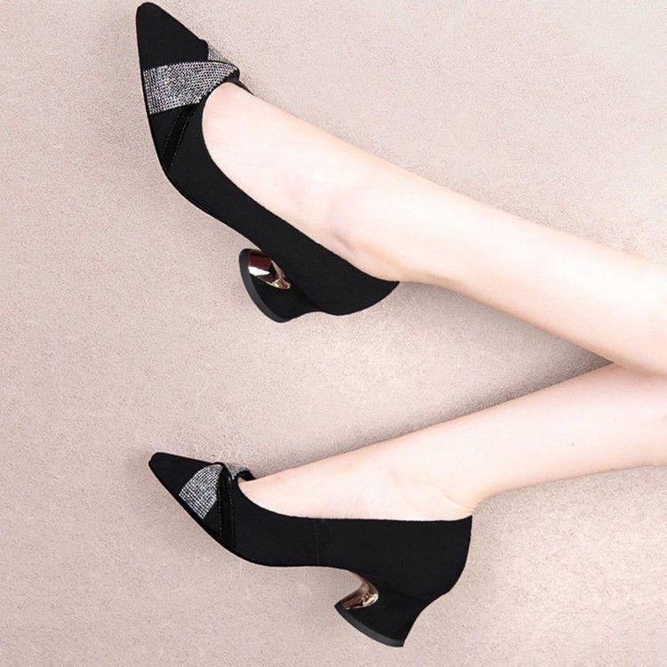 Black Pointed Toe Chunky Heel Loafers for Women