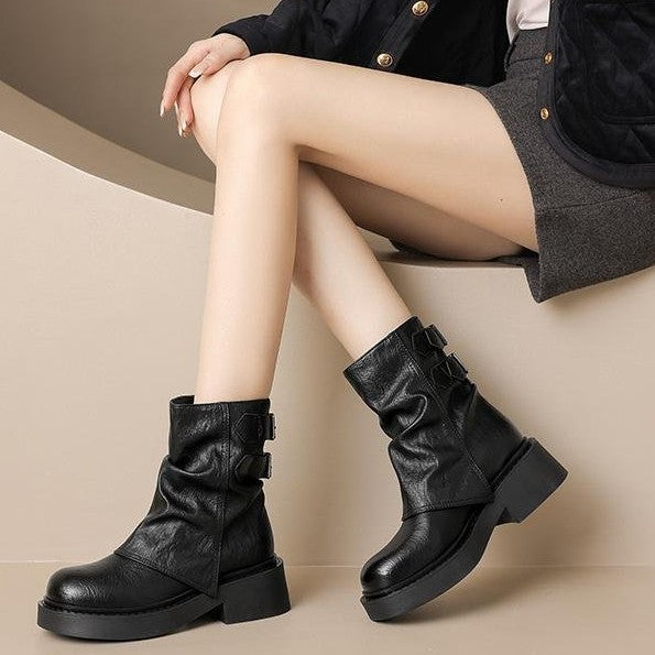 Women's Ruched British Martin Boots with 5cm Chunky Heel