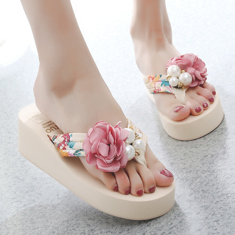 Women’s Floral Satin Wedge Flip-Flop Beach Sandals